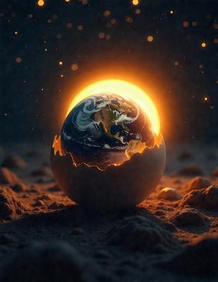 The primary subject of the image is a large, illuminated egg with a cracked shell, representing the Earth. The egg is placed on a surface that appears to be a combination of sand and dirt, giving the scene a natural and earthy feel. The visual style of the image is a mix of photo and digital art, creating a unique and captivating representation of the Earth. The colors and mood of the image are warm and inviting, with the light from the egg illuminating the scene and creating a sense of